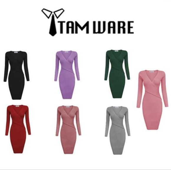 NWT Tam Ware Surplice Wrap Bodycon Knit Midi Dress Dark Green Medium - Picture 5 of 5